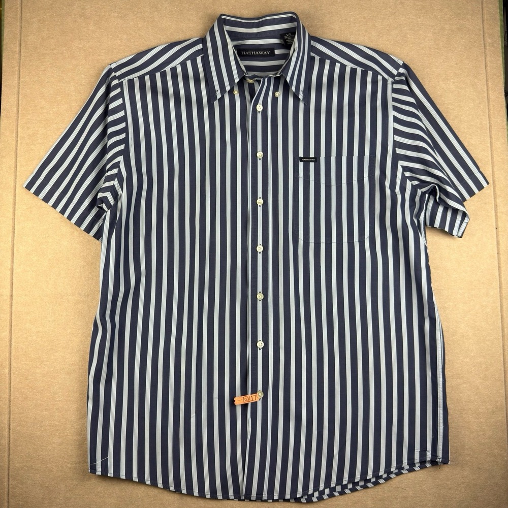 Hathaway Shirt Men L Navy White Stripe Cotton Y2K Retro Button Up Classic